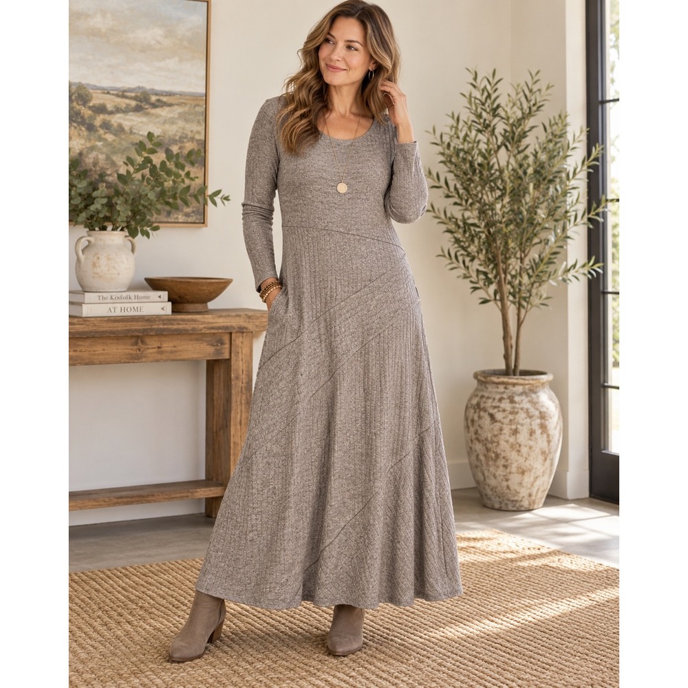 Soft Surroundings Dress Brown Ribbed Knit Long Sleeve Maxi 2FM1380801 L